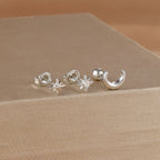 Moon Crescent and Stars Stud Earrings silver