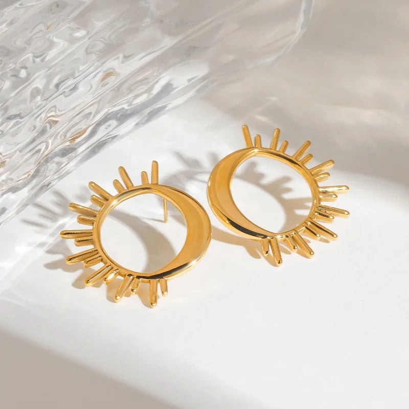 Gold Crescent Moon and Sun Stud Earrings