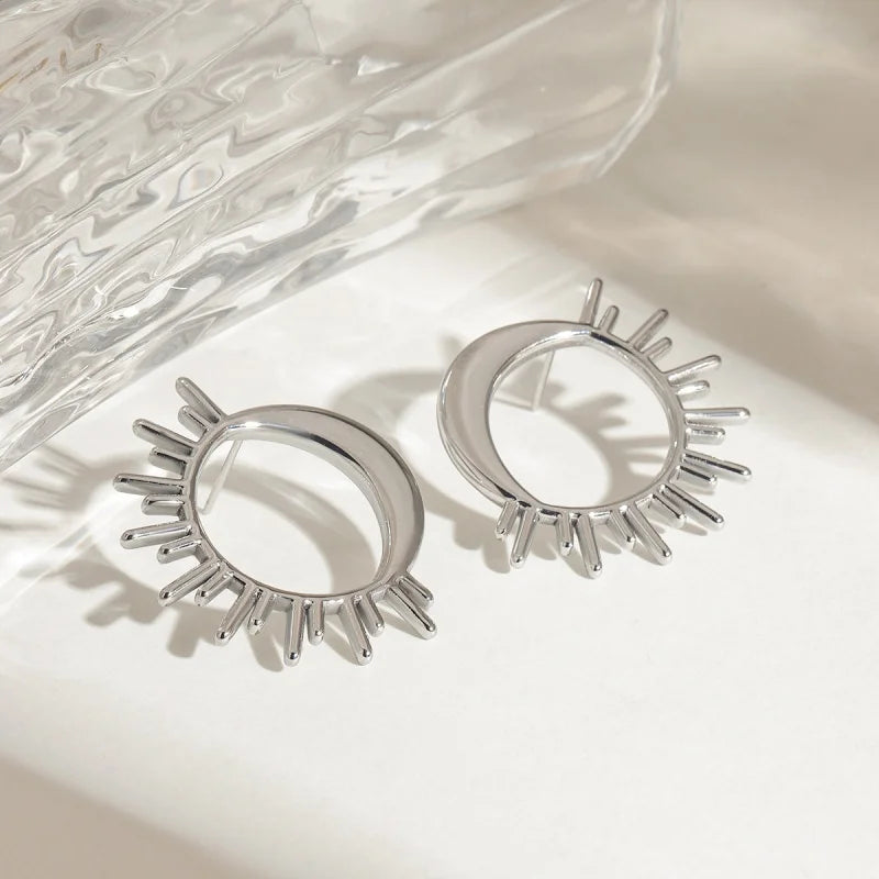 Silver Crescent Moon and Sun Stud Earrings