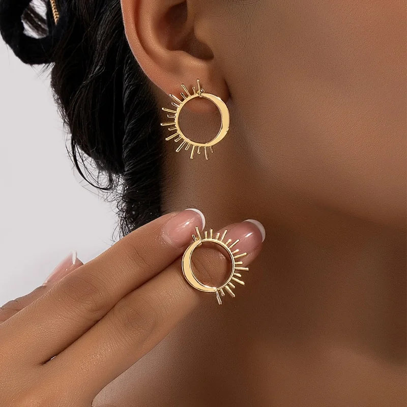Gold Crescent Moon and Sun Stud Earrings