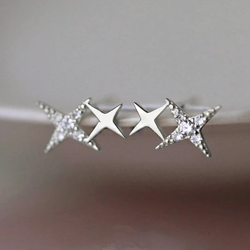 Double Star Stud Earrings with Silver Zirconia