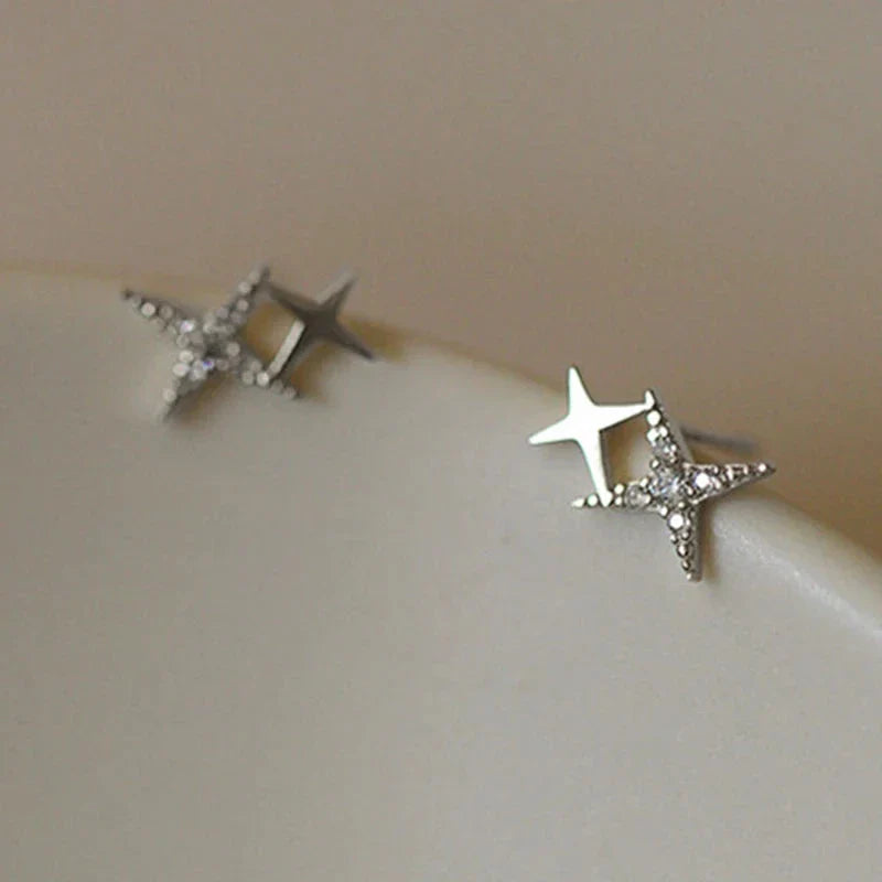 Double Star Stud Earrings with Silver Zirconia