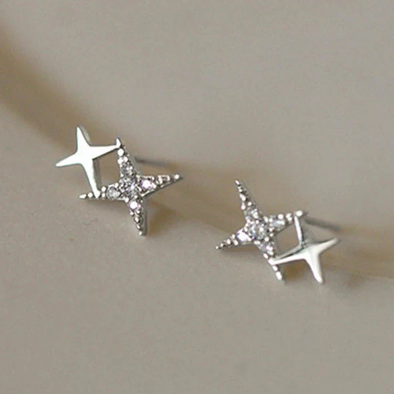 Boucles d'Oreilles Clou Doubles Etoiles et Zircon argent