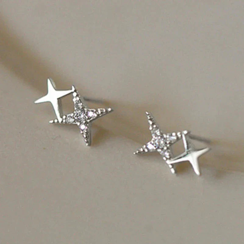 Double Star Stud Earrings with Silver Zirconia