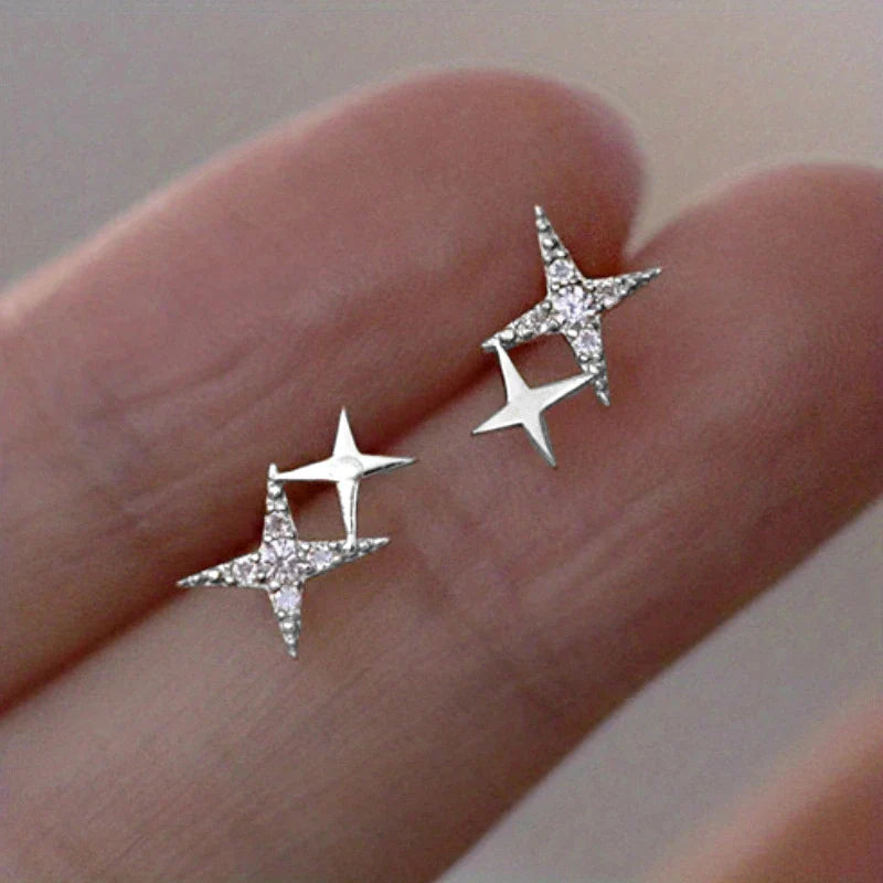 Double Star Stud Earrings with Silver Zirconia