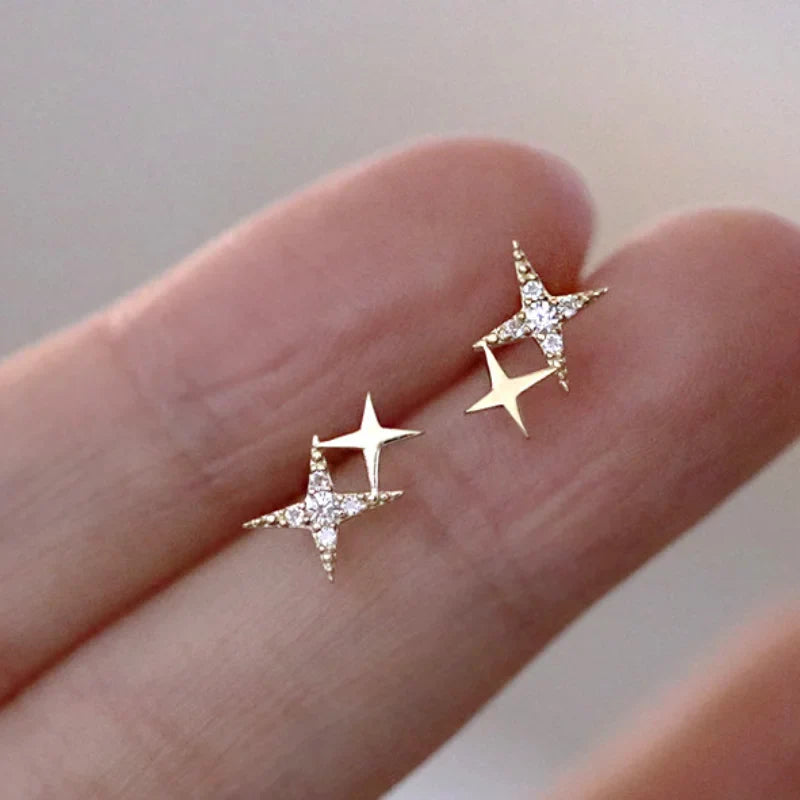 Double Star Stud Earrings with Gold Zirconia