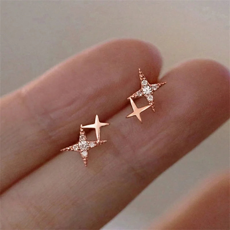 Boucles d'Oreilles Clou Doubles Etoiles et Zircon or rose
