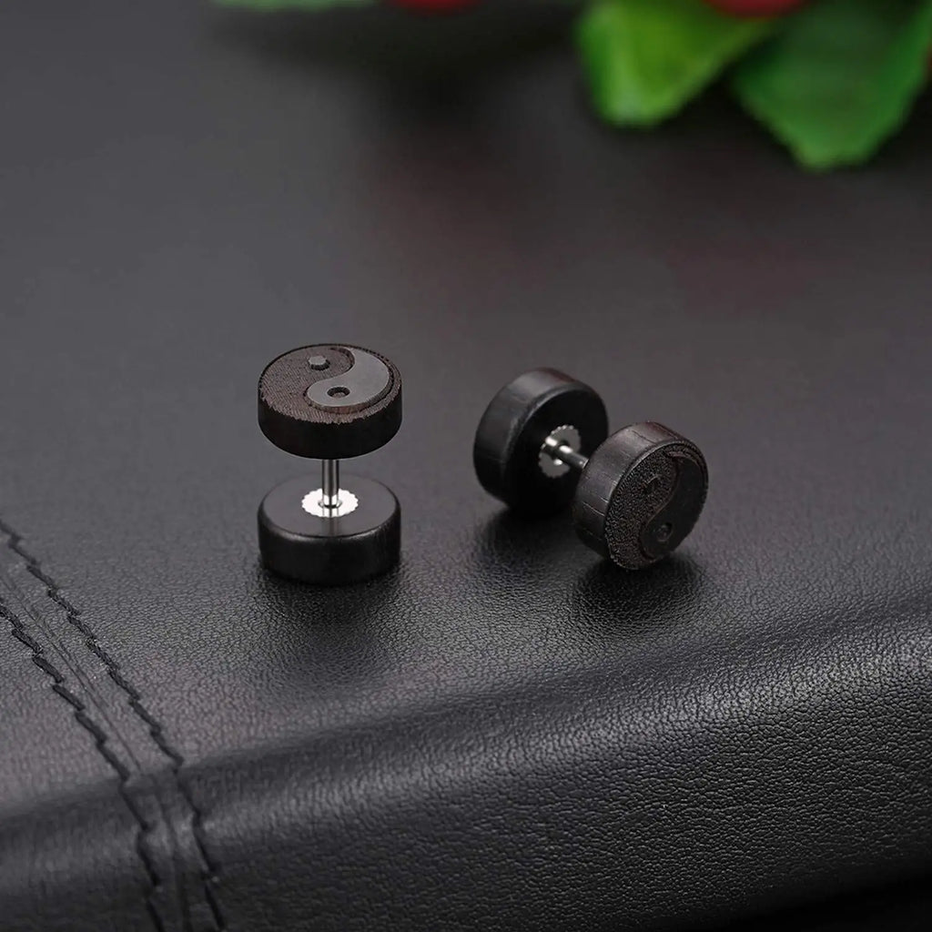 Black Yin Yang Wooden Stud Earrings