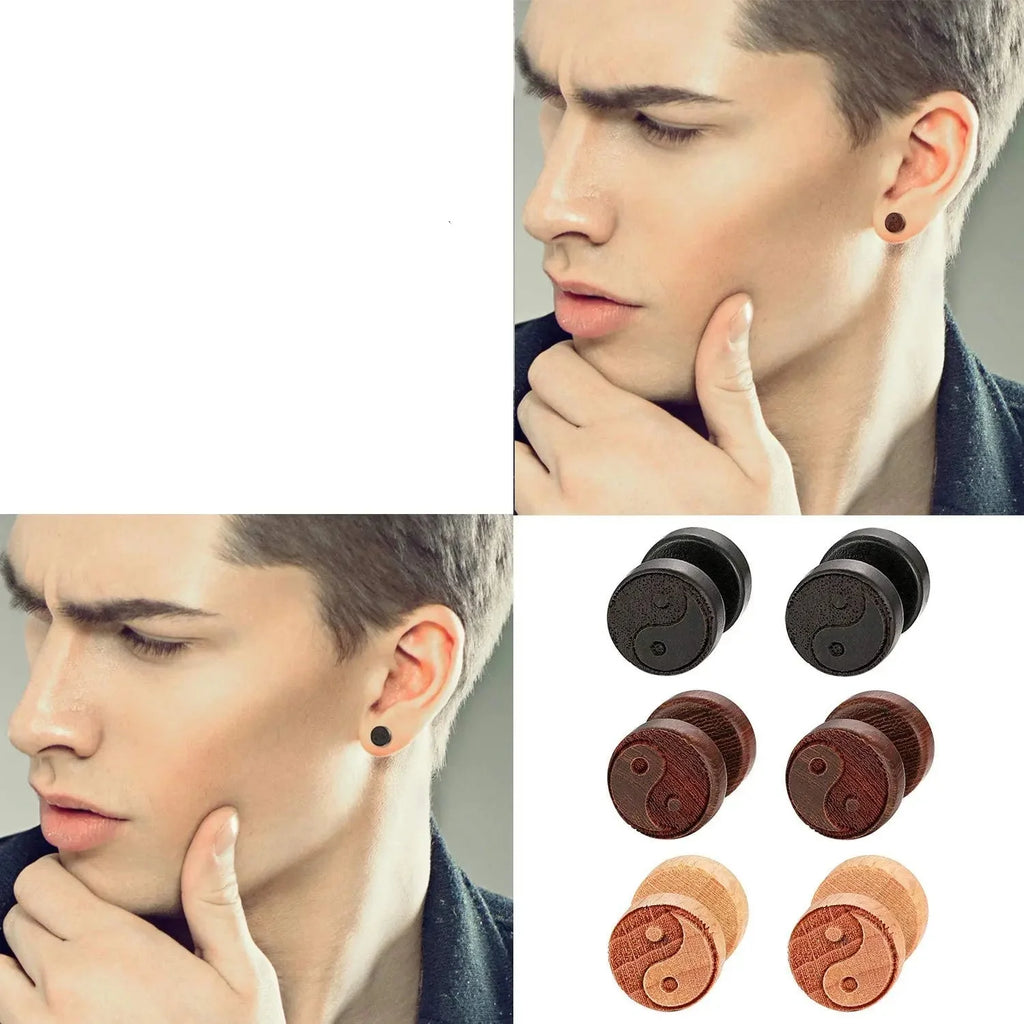 Men's Yin Yang Wooden Stud Earrings
