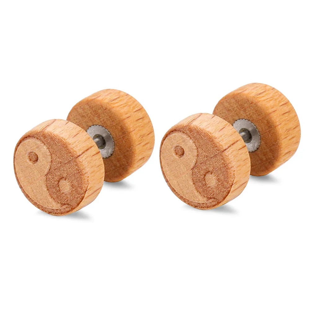 Beige Yin Yang Wooden Stud Earrings