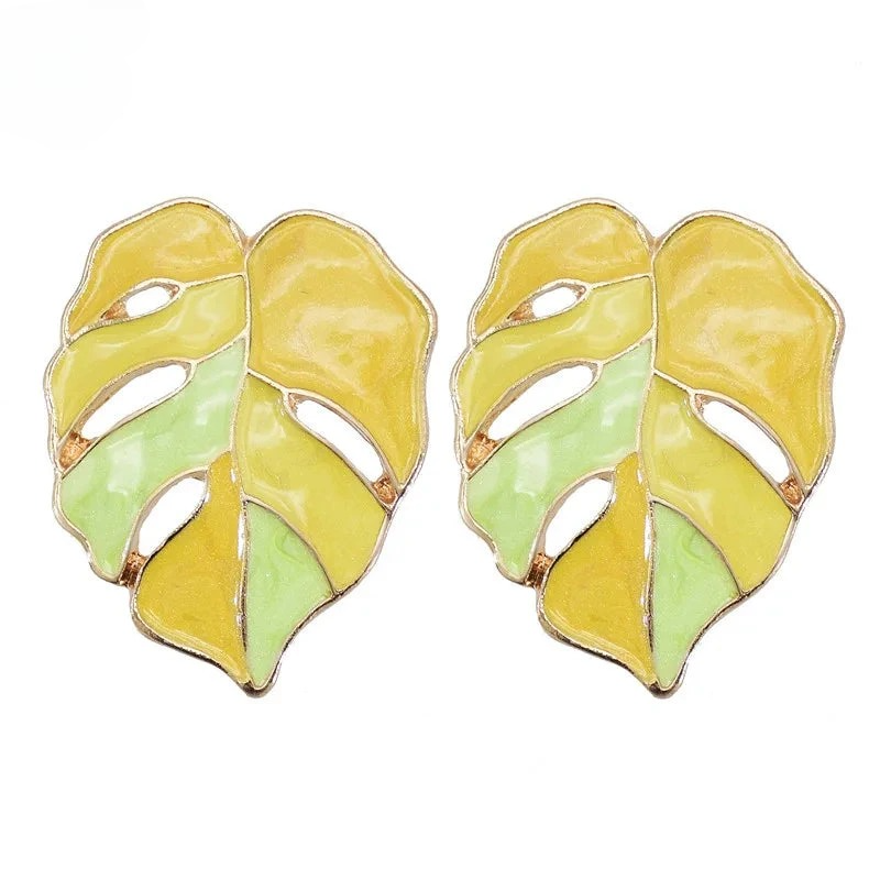 Yellow Palm Leaf Stud Earrings