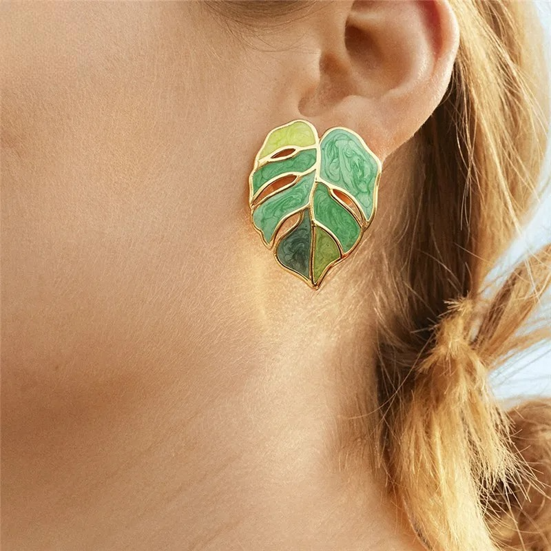 Green Palm Leaf Stud Earrings