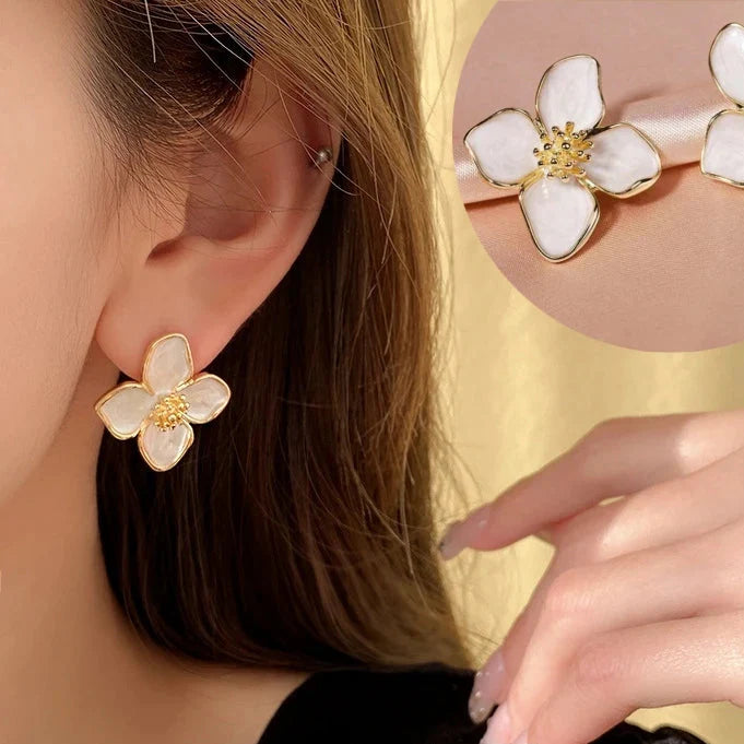 Hibiscus Flower Stud Earrings with White Pearly Petals