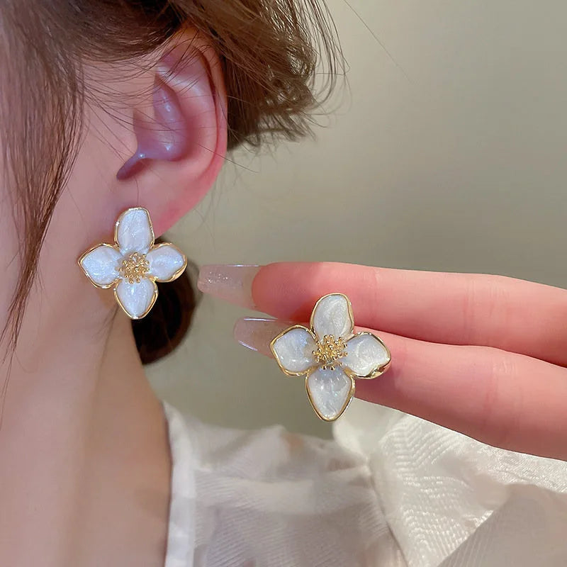 Hibiscus Flower Stud Earrings with White Pearly Petals