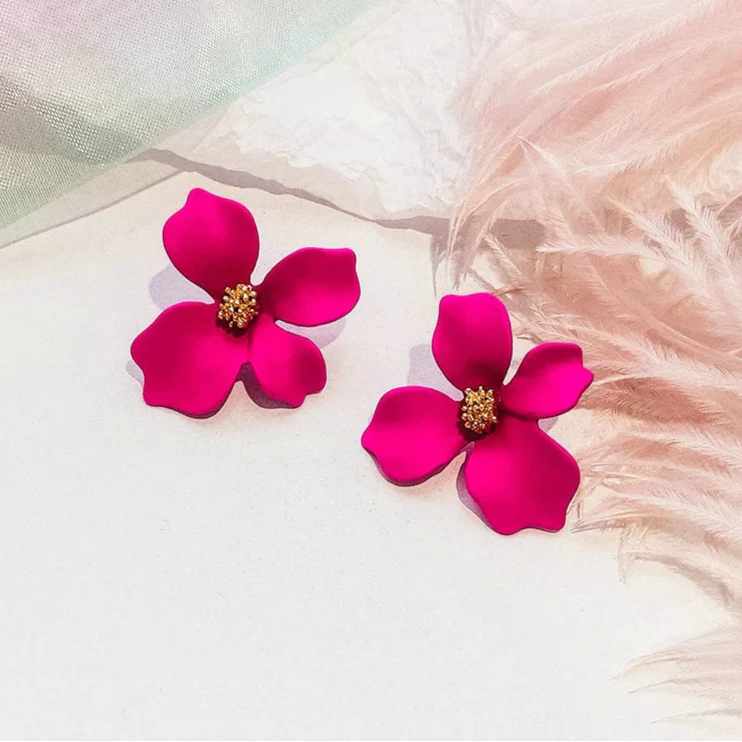 Four Petal Flower Stud Earrings dark pink