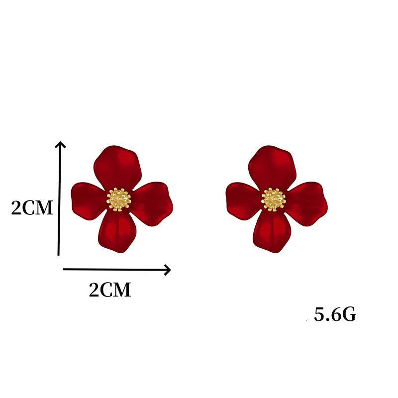 Four Petal Flower Stud Earrings dark red