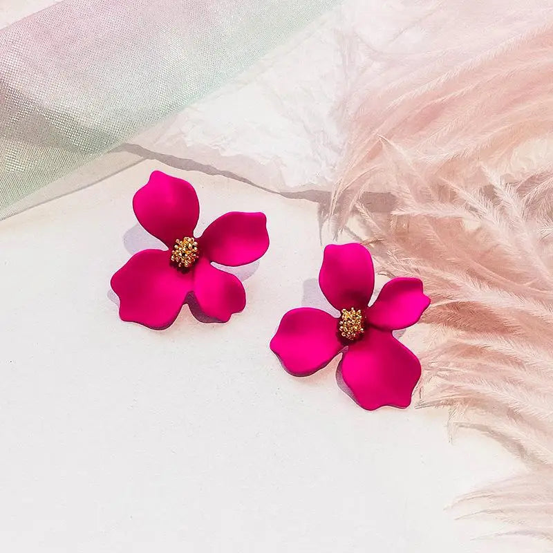 Four Petal Flower Stud Earrings dark pink