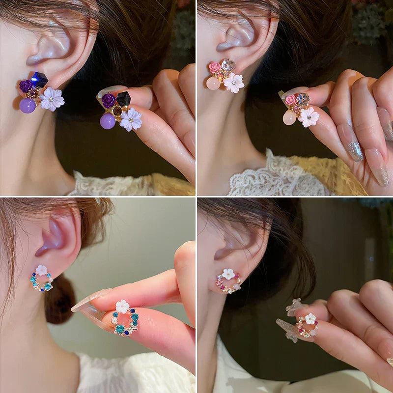 Stud Earrings Flower and Pink Pearl 1