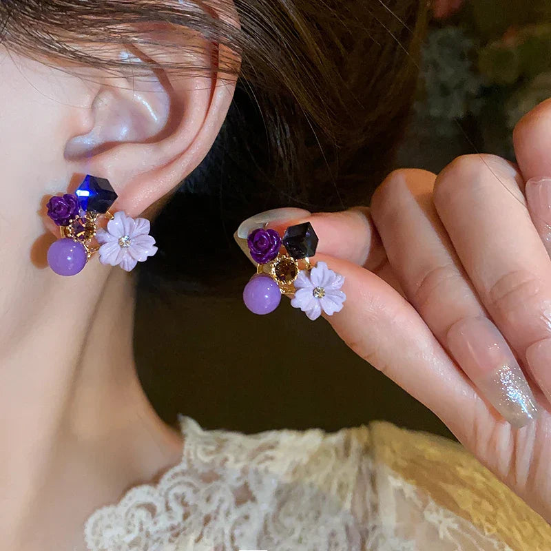 Stud Earrings Flower and Purple Pearl 1