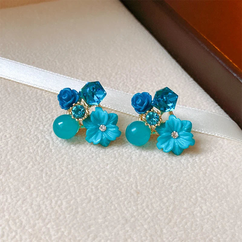 Stud Earrings Flower and Blue Pearl 1