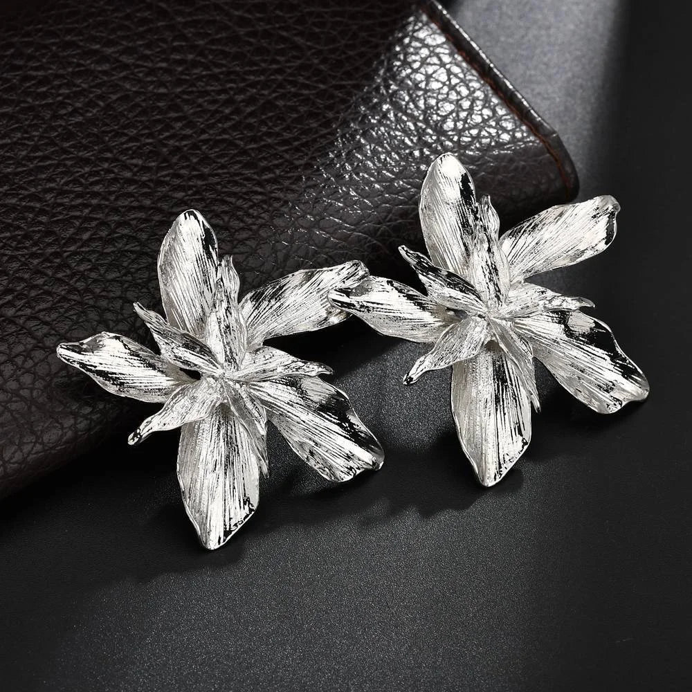 Large Asymmetric Flower Stud Earrings silver