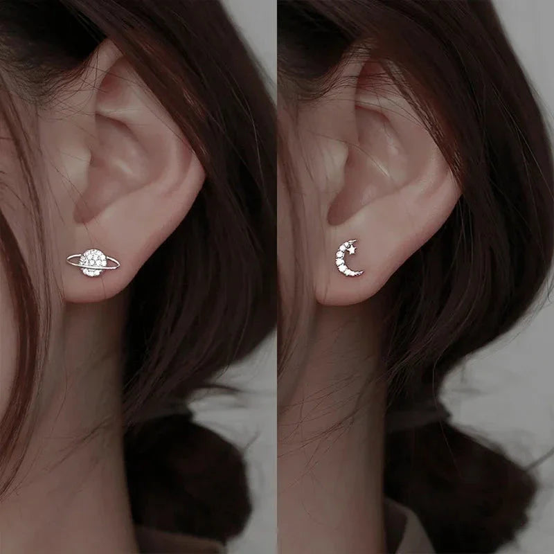 Moon and Sphere Zircon Stud Earrings in Silver