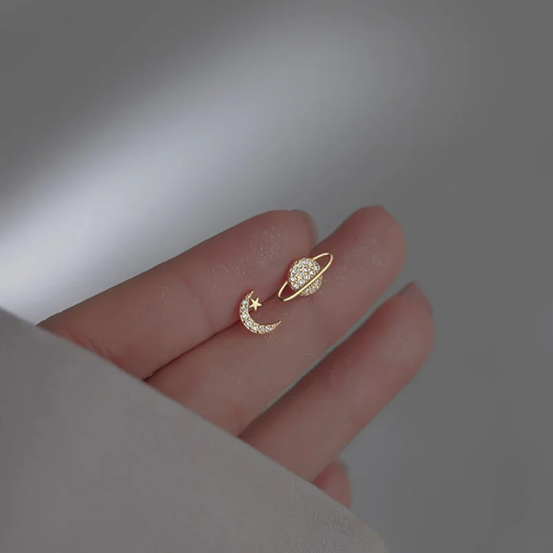 Moon and Sphere Zircon Stud Earrings in Gold