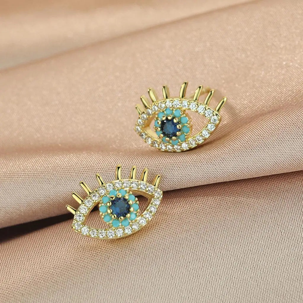 Blue Eye Stud Earrings with Rhinestones