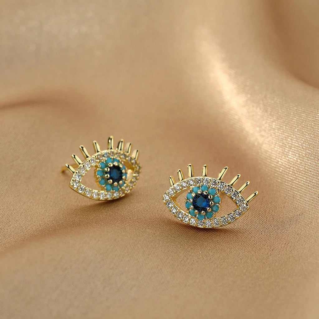 Blue Eye Stud Earrings with Rhinestones