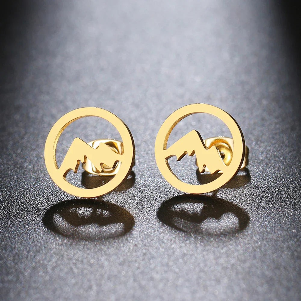 Round Mountain Stud Earrings for Women or Men gold