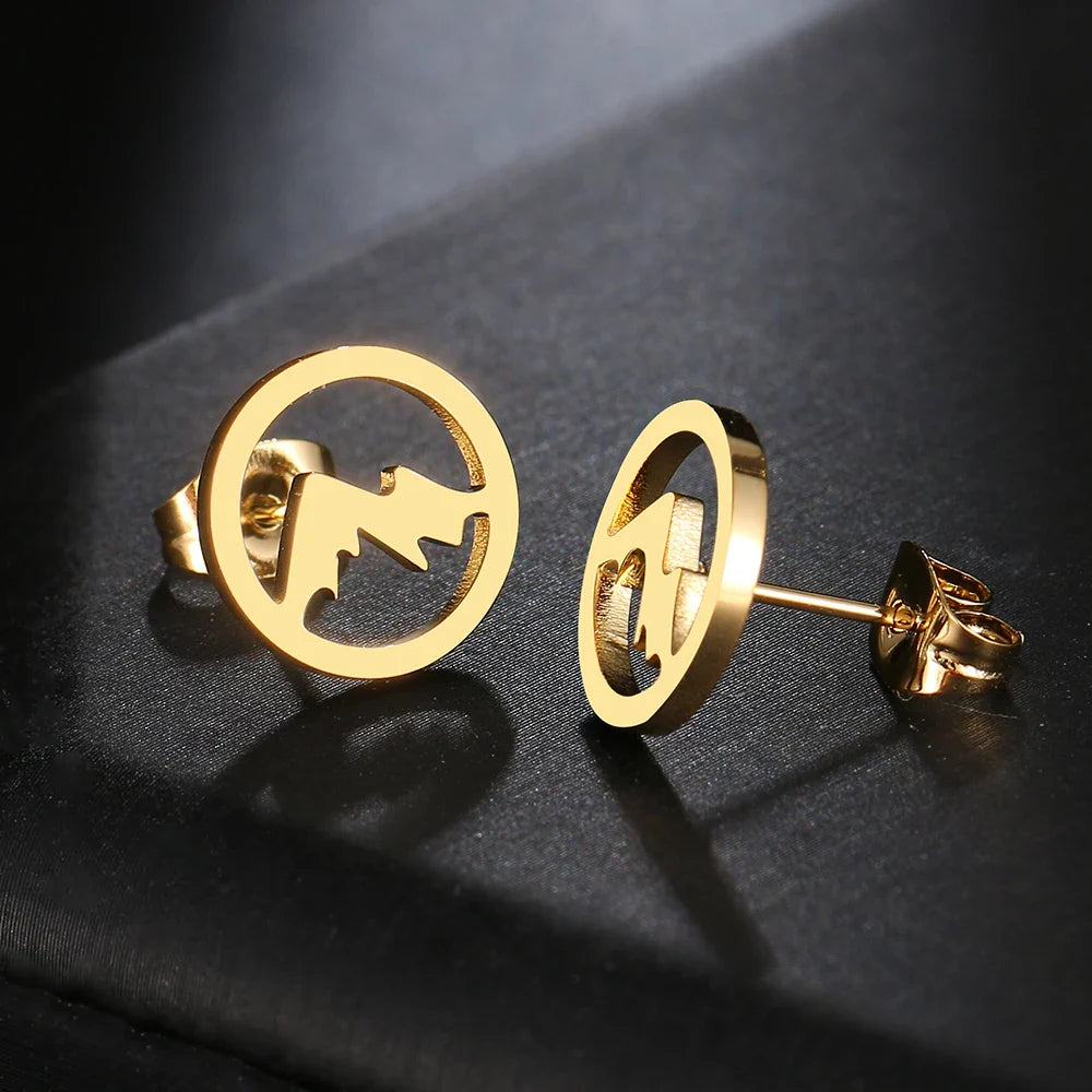Round Mountain Stud Earrings for Women or Men gold