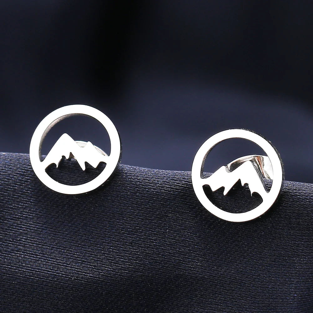 Round Mountain Stud Earrings for Women or Men silver