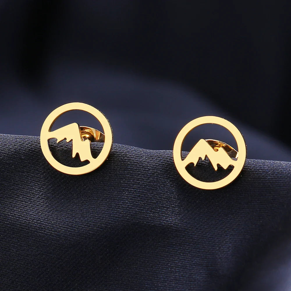 Round Mountain Stud Earrings for Women or Men gold