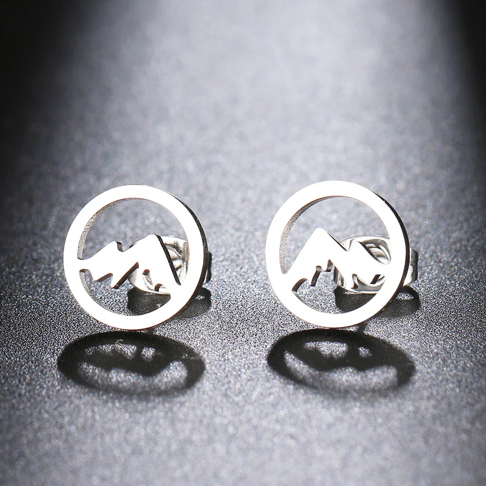 Round Mountain Stud Earrings for Women or Men silver