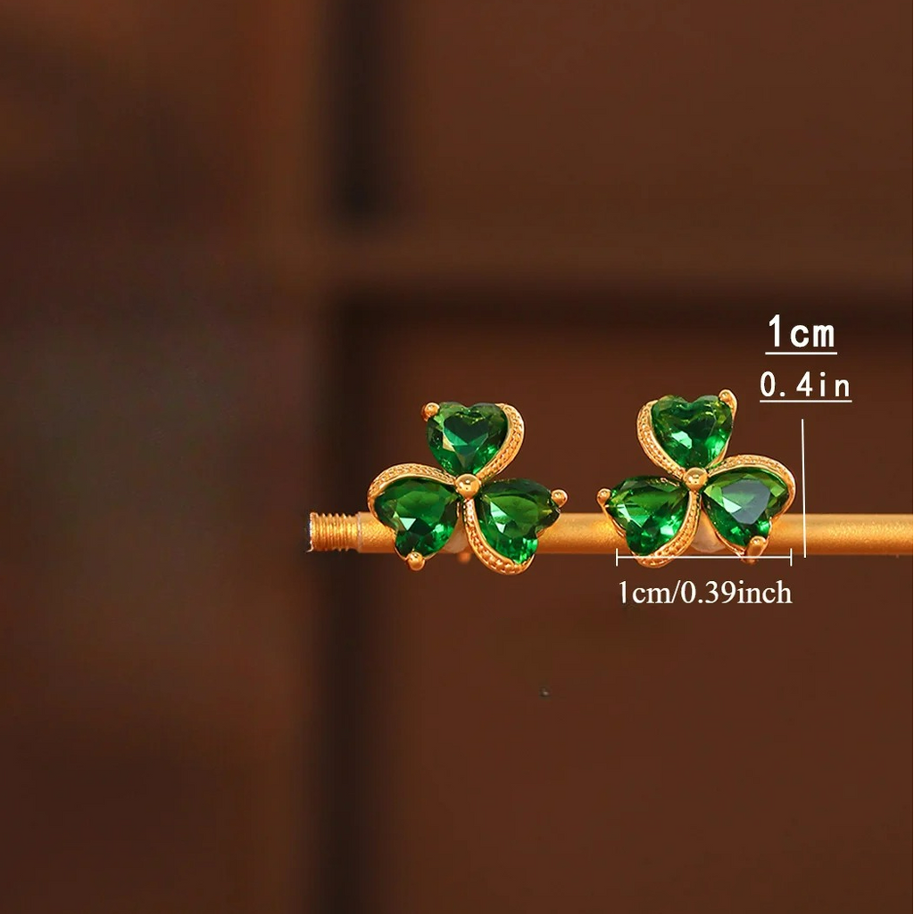 Emerald Green 3-Leaf Clover Stud Earrings with Zircon