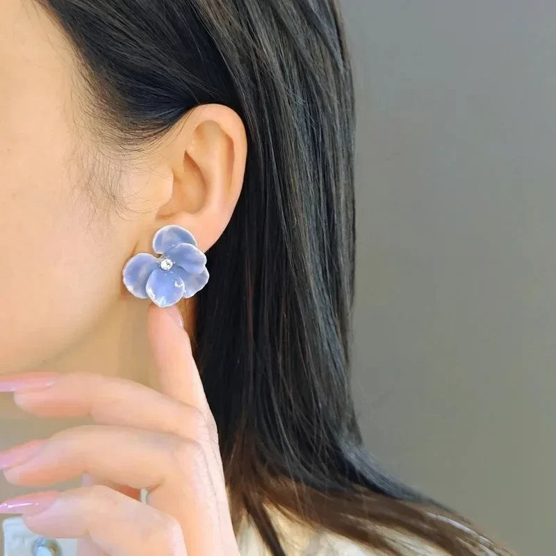 Blue Four Petal Flower Stud Earrings