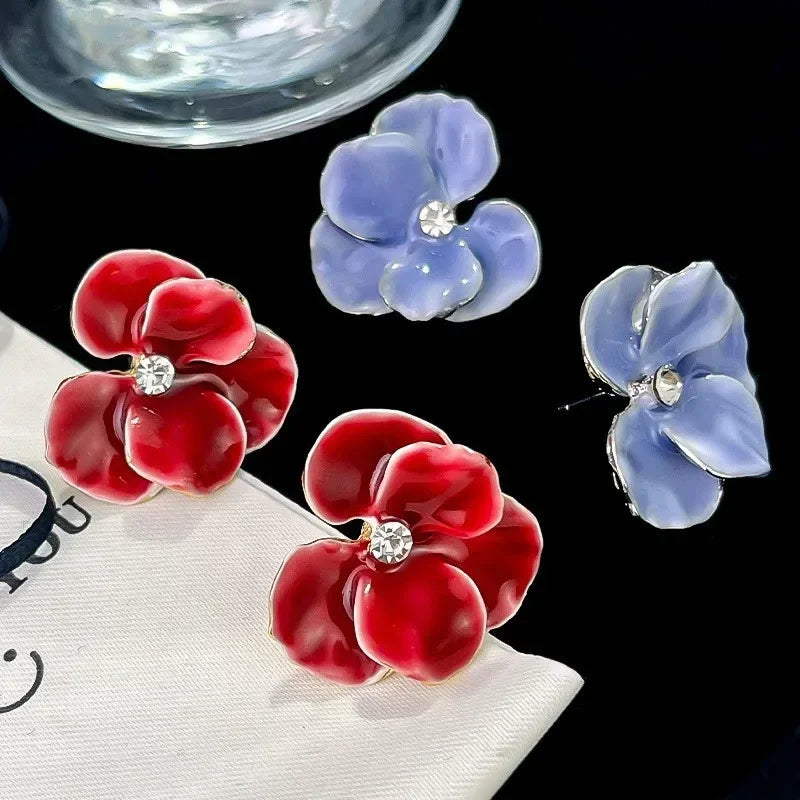 Blue Four Petal Flower Stud Earrings