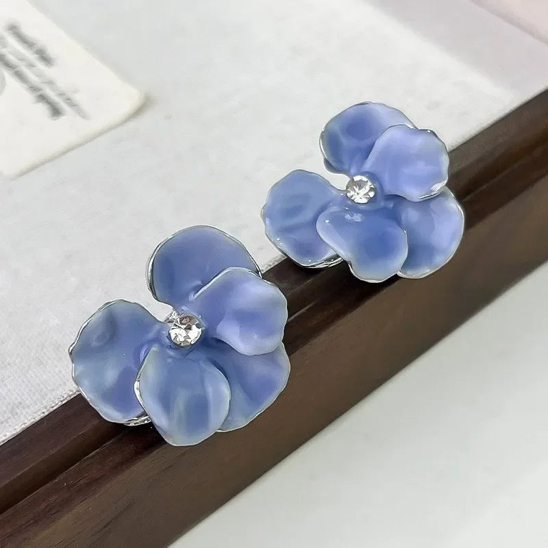 Blue Four Petal Flower Stud Earrings