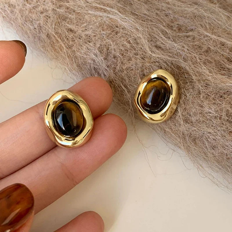 Oval Stud Earrings Tiger's Eye