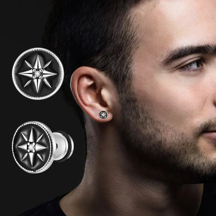 Compass Stud Earrings Men's Rose of the Winds Compass