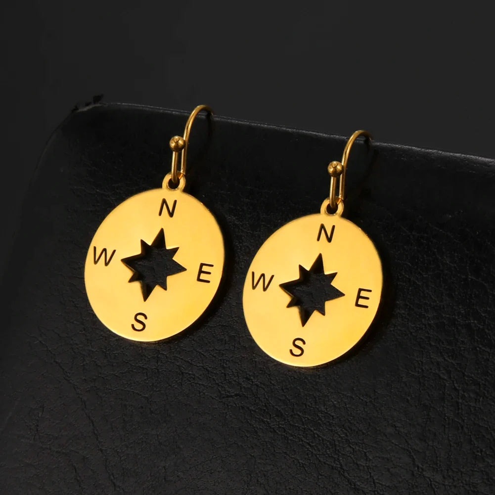 Compass Drop Earrings Compass Rose for Women Gold