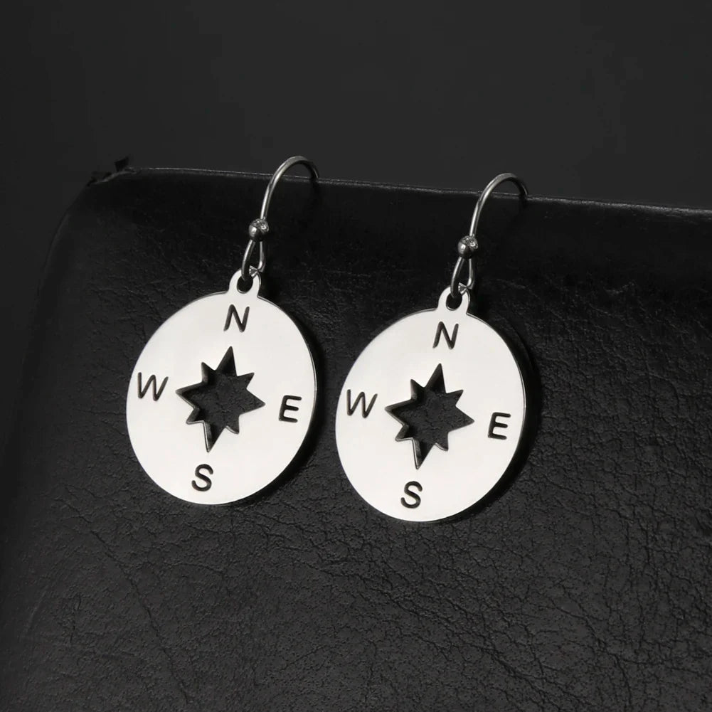 Compass Drop Earrings Compass Rose for Women Silver
