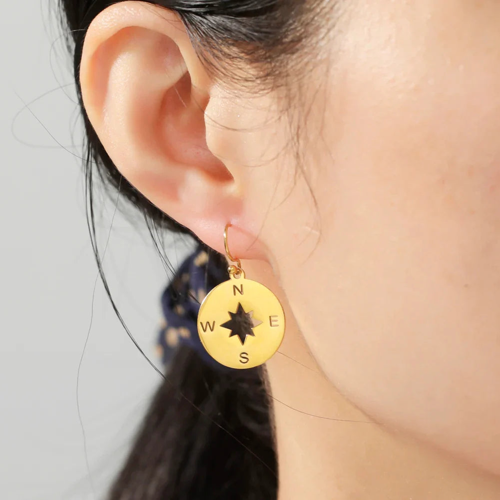 Compass Drop Earrings Compass Rose for Women Gold