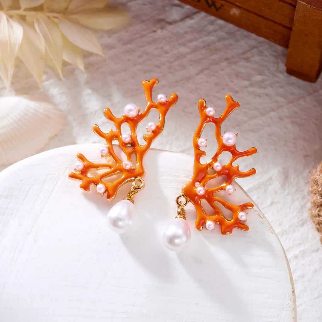 Boucles d'oreilles corail orange et perle