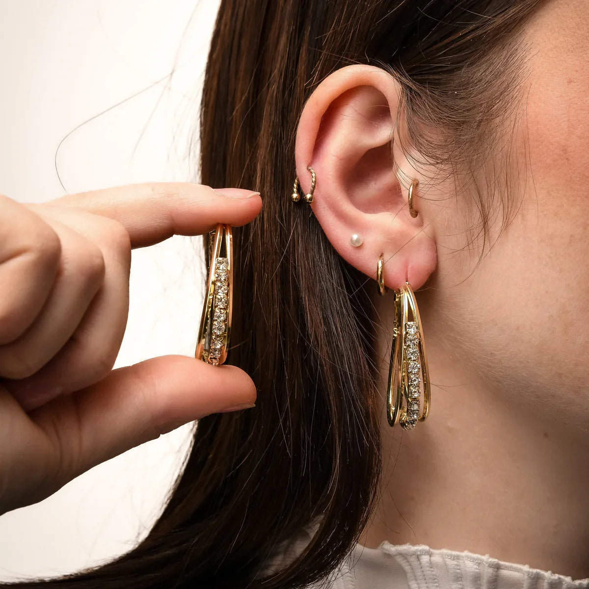Gold Hoop Earrings with Rhinestones 