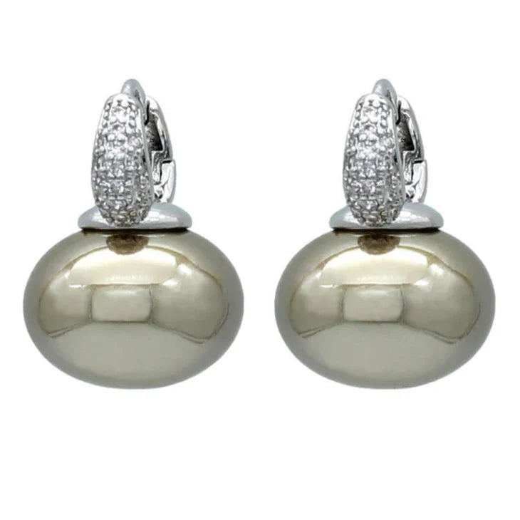 Creole Earrings with Blue Pearl and Silver and Beige Zircon