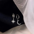 Star and Moon Hoop Earrings with Silver Zircon