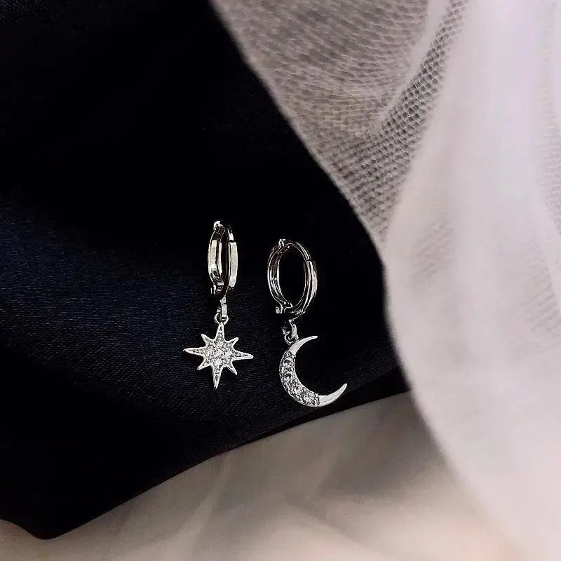 Star and Moon Hoop Earrings with Silver Zircon