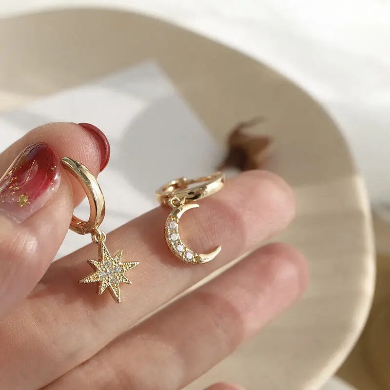 Star and Moon Hoop Earrings with Gold Zircon