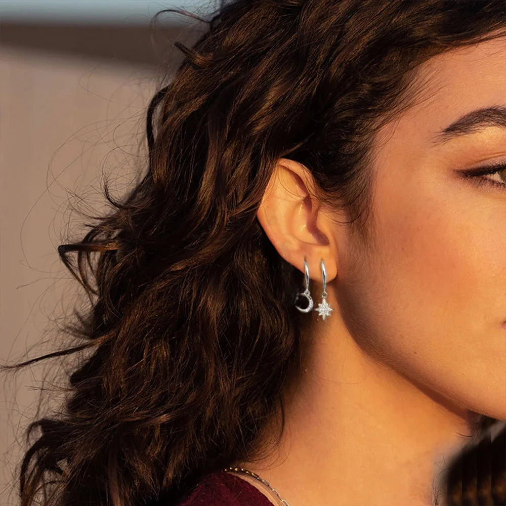 Star and Moon Hoop Earrings with Silver Zircon